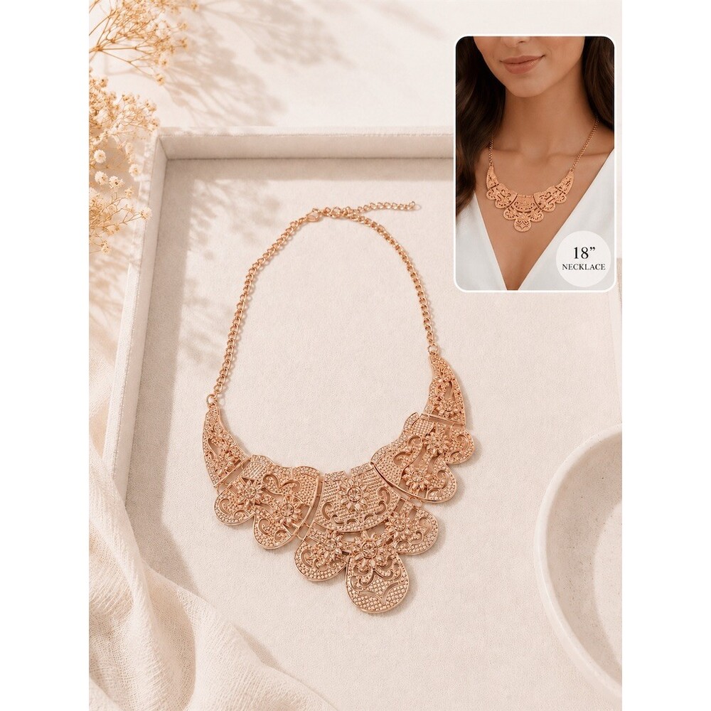 Elegant Necklace Rose Gold Filigree Floral Bib Statement 18in + vintage inspired